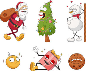 Set of Christmas and New Year characters. Santa, Christmas tree, gift, snowman, Christmas ball and cookies. Funny retro cartoon character in the style of old school