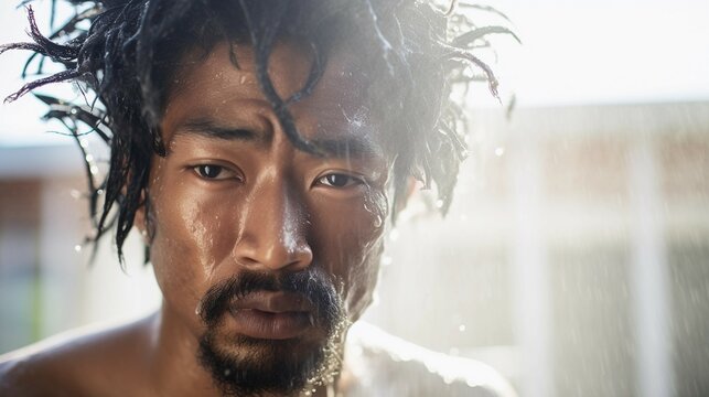 portrait of an afro-asian man on rain