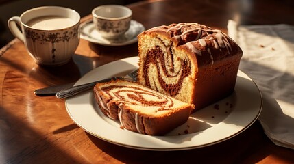 Homemade Nutella-Swirl Pound Cake on a White Plate: A Delicious and Easy Recipe for Chocolate Lovers - obrazy, fototapety, plakaty