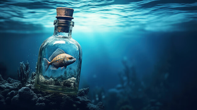 Fish in a bottle under the sea - freedom and spiritual awakening concept