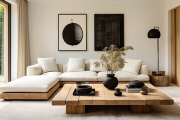 Rustic coffee table near white fabric sofa against window. Japandi style home interior design of modern living room. - obrazy, fototapety, plakaty