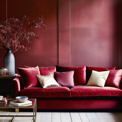 Crimson velvet sofa with beige pillows against venetian stucco wall. Art deco home interior design of modern living room.