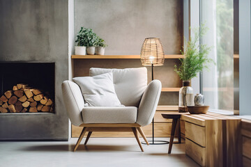 Grey chair by fireplace against concrete wall with shelves. Scandinavian home interior design of modern living room.