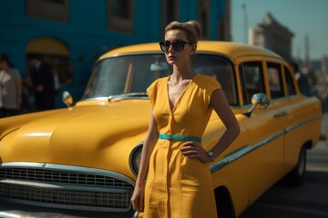 Woman yellow taxi. Urban traffic. Generate Ai