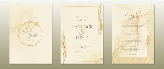 Wedding invitation card template gold background floral design luxury with golden frame and watercolor texture 
