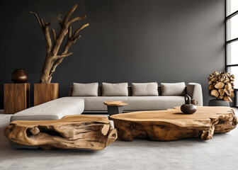 Wooden live edge coffee near grey corner sofa against black wall with copy space. Japanese style home interior design of modern living room. - obrazy, fototapety, plakaty