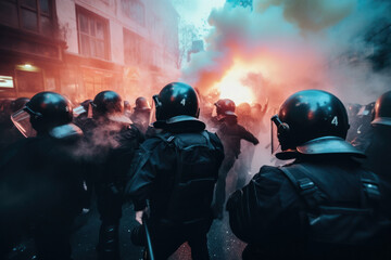 Police dispersing tear gas amid a crowd of protesters, showcasing the chaos and emotional turmoil. Generative Ai