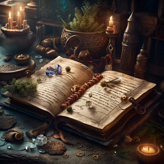 Magic background in vintage style. Digital illustration with open spellbook, candles, crystals, and herbs. Concept of Halloween, witchcraft, esoterics. CG Artwork Background
