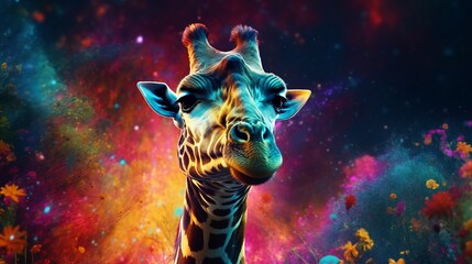 A giraffe standing in front of a colorful background - obrazy, fototapety, plakaty