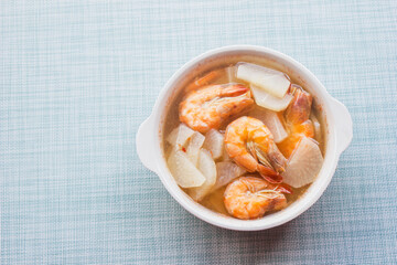Sour curry with fresh shrimp, vegetables, radishes, Thai food