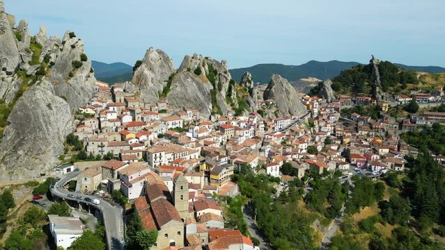 Aerial panoramic view of Pietrapertosa: a small town on top of a rocky mountain in south Italy
