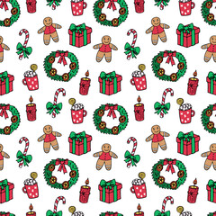 Seamless pattern of Christmas decorations on a white background - gifts, wreath, sugar cane, hot chocolate in a mug, gingerbread man. Vector doodle illustration for packaging, web design