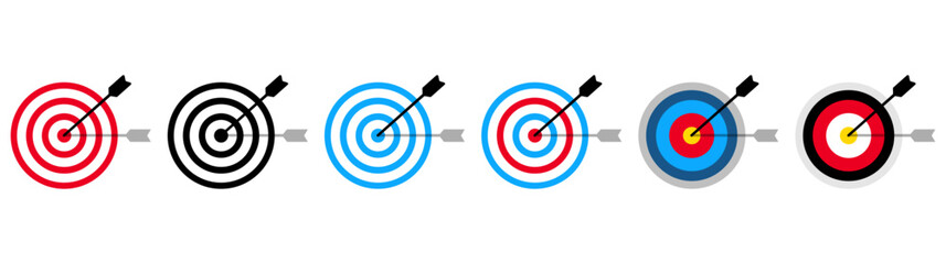 Target with arrow icons set. An arrow for trilling from a bow at a colored target. Archery target with arrow isolated vector graphics EPS 10 - obrazy, fototapety, plakaty