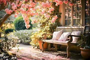 Beautiful bench near the house in a luxurious garden with cushions for sitting, rest and relaxation