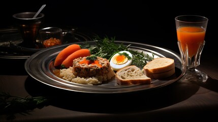 Delicious and healthy starter plate with assorted appetizers, dips and bread