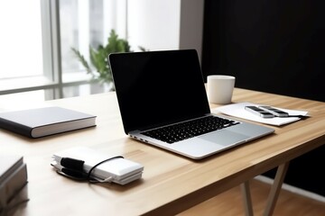 Obraz na płótnie Canvas Workspace table with laptop screen. Template creative. Generate Ai
