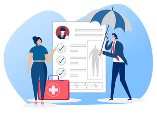Medical insurance. Concept of health insurance and life insurance. Protection of health and life of people with document of insurance. Healthcare and medical service. Vector illustration in flat