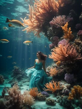 A surreal underwater realm with glowing sea creatures.