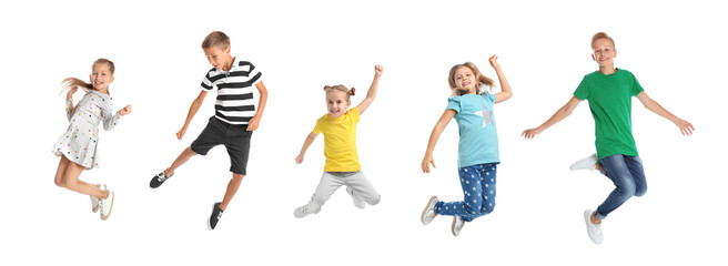 Different kids jumping on white background, collage with photos