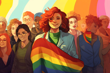 Illustration of a diverse group of people holding a rainbow flag.