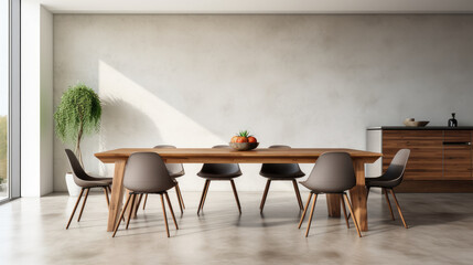 Interior design of stylish dining room interior with family wooden table, modern chairs, plate with nuts, salt and pepper shakers. Concrete floor. White wall.