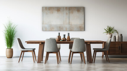 Interior design of stylish dining room interior with family wooden table, modern chairs, plate with nuts, salt and pepper shakers. Concrete floor. White wall.