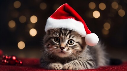 Cute kitten wearing a santa claus hat - obrazy, fototapety, plakaty