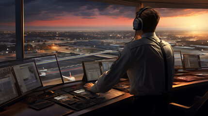 Fototapeta premium image that showcases the dedication of air traffic controllers as they ensure the safe and efficient movement of aircraft in the skies, their precision and communication skills underscoring the herois
