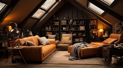Attic transformed into a cozy industrial space. Incorporate leather loungers and vintage trunks. Colors: Raw sienna, charcoal, and burnished gold