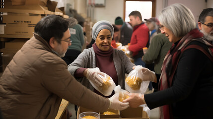 a scene at a food bank where volunteers distribute meals to those in need, their selflessness and kindness embodying the heroism of community helpers who support the vulnerable