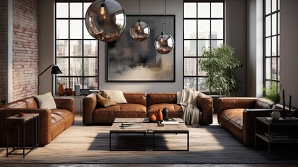 Living room featuring leather sofas and metal coffee tables. Highlight bare light bulbs and metal pendant lights. Colors: Burnt sienna, slate gray, and raw umber - obrazy, fototapety, plakaty