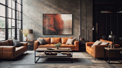 Living room featuring leather sofas and metal coffee tables. Highlight bare light bulbs and metal pendant lights. Colors: Burnt sienna, slate gray, and raw umber