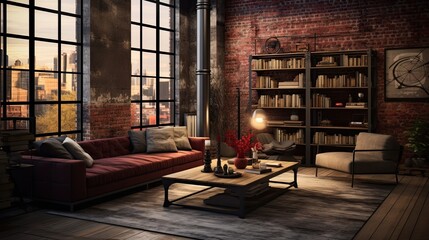 Loft space with exposed brick walls and large windows. Incorporate distressed wood furniture and metal fixtures. Stick to a color palette of deep reds, charcoals, and rust