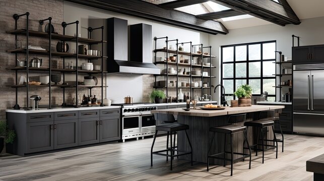 Kitchen with stainless steel appliances and open shelving. Emphasize raw finishes and metal beams. Opt for colors like gunmetal gray, matte black, and tarnished silver