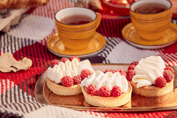Autumn aesthetic picnic ideas with tea cups, tarts on the plaid for two in the park. Cozy autumn food