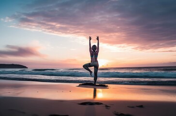 Fototapeta premium Yoga woman beach sunset energy. Balance healthy. Generate Ai