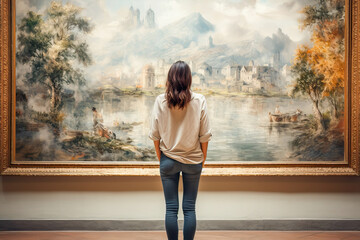 Young woman contemplating a painting in a museum - obrazy, fototapety, plakaty