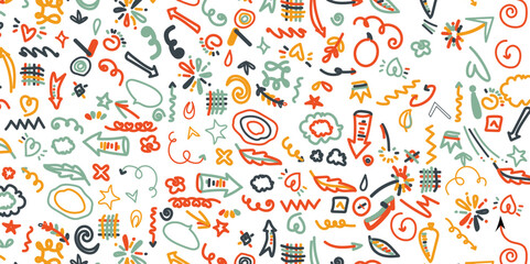 Obraz premium Seamless vector pattern with cute little doodle drawings isolated on white background. Vector