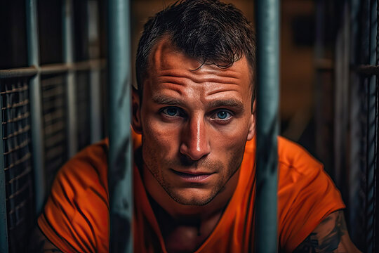 Sad man behind bars in a prison cell