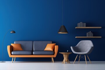 Living room interior with blue and dark sofa with blue walls