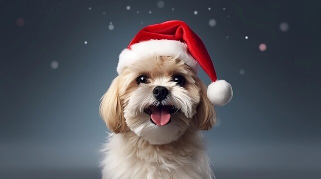 A dog with a Santa Claus beard and hat, ready for a Christmas party, with room for text, background image, generative AI