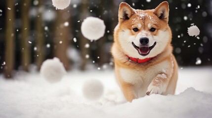 A joyful dog playing in the snow with a Christmas-themed toy, with room for text, background image, generative AI