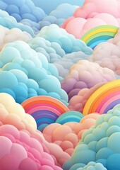 Abstract wallpaper of rainbow with clouds like baloons, pastel colors cartoon. Generative Ai.