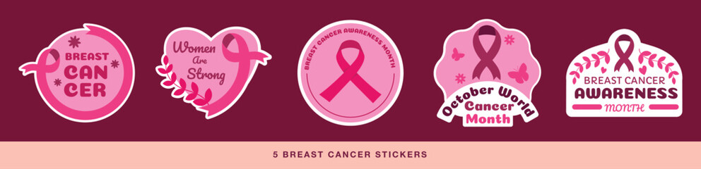 Pack of Pink October Stickers. Flat and Feminine Style Breast Cancer Awereness Month