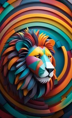 Colorful 3d illustration wallpaper lion in circles with lines. modern abstract background, Generative AI