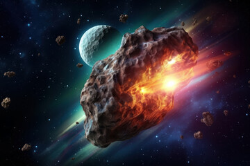 A meteorite flies in outer space.
