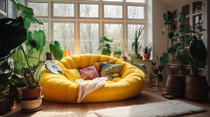 Cosy yellow couch in window front
