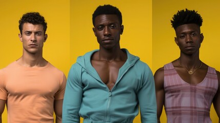Challenge traditional notions of manhood with images of stylish metrosexuals who redefine masculinity through self-care and fashion. vibrant colors, minimalist backdrop. - obrazy, fototapety, plakaty