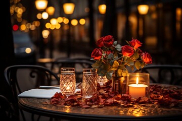 Table de restaurant romantique avec de jolie rose et une bougie pour la Saint-Valentin autour d'un verre de champagne