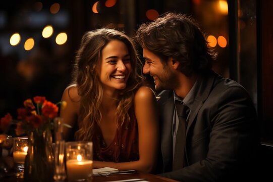 Couple en plein c&acirc;lin dans un restaurant qui se regarde en &eacute;tant amoureux durant un date de Saint-Valentin